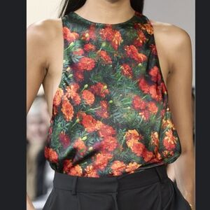 Bevza Marigold Flower Print Satin Top Small